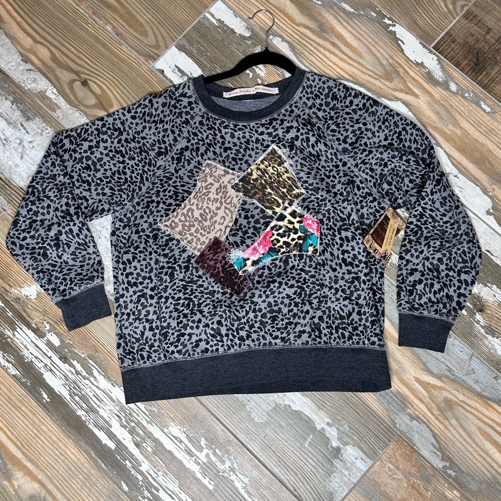Handmade Upcycled Repurposed Rework Leopard Denim Sweatshirt Gypsy Hippie ooak L